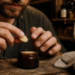 Pot de baume a barbe karité et jojoba, texture crémeuse sur doigts