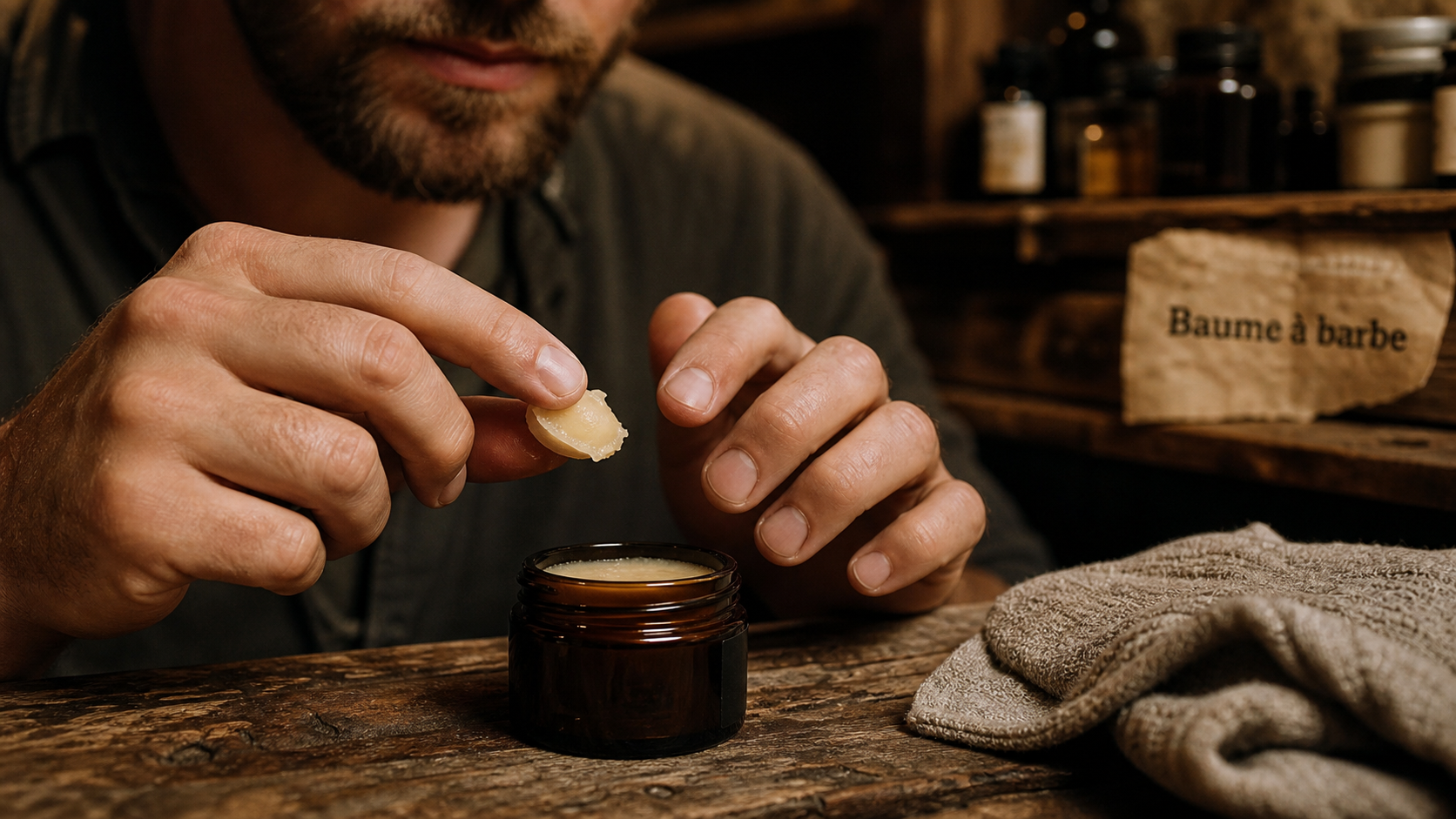 Pot de baume a barbe karité et jojoba, texture crémeuse sur doigts