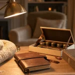 Cadeau homme 70 ans : plaid, carnet cuir et coffret dégustation sur table bois