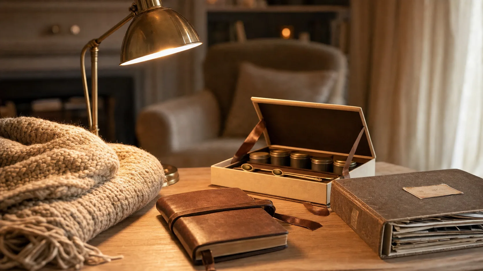 Cadeau homme 70 ans : plaid, carnet cuir et coffret dégustation sur table bois