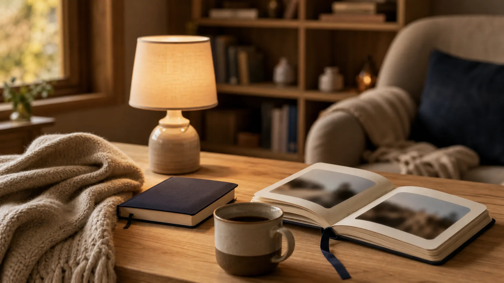 Cadeau homme 70 ans : plaid, carnet et mug personnalisé près d’une fenêtre