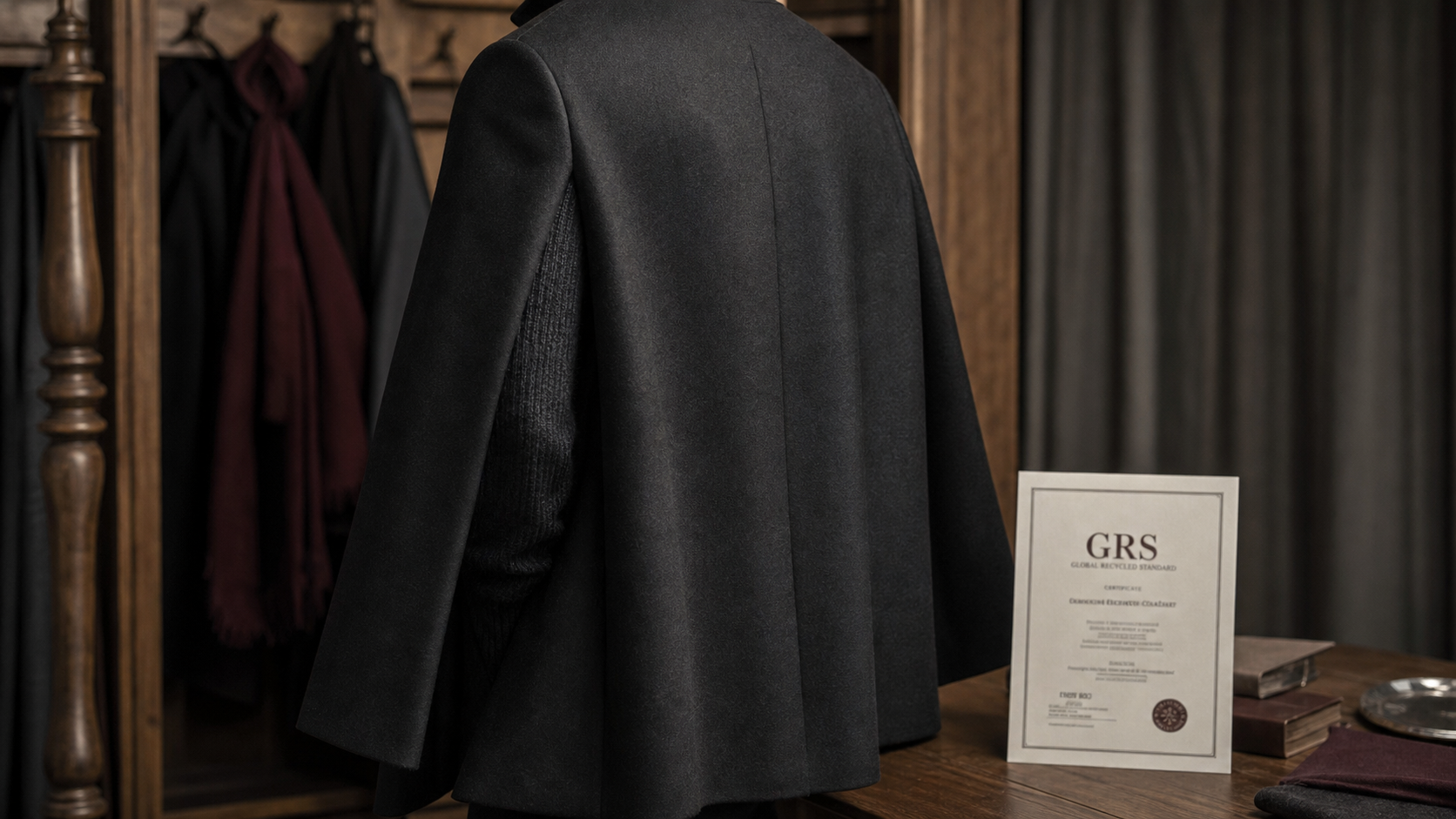 Cape homme luxe en laine sombre, studio lifestyle