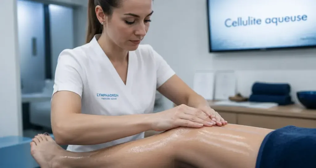 Cellulite aqueuse avant apres : drainage manuel sur jambe