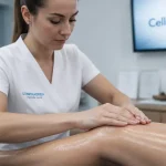 Cellulite aqueuse avant apres : drainage manuel sur jambe