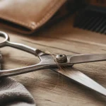 Ciseaux coiffure ouverts sur établi bois clair, gros plan