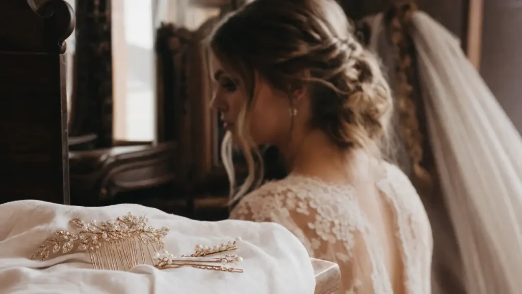 Coiffure mariée cheveux longs : chignon bas flou avec voile