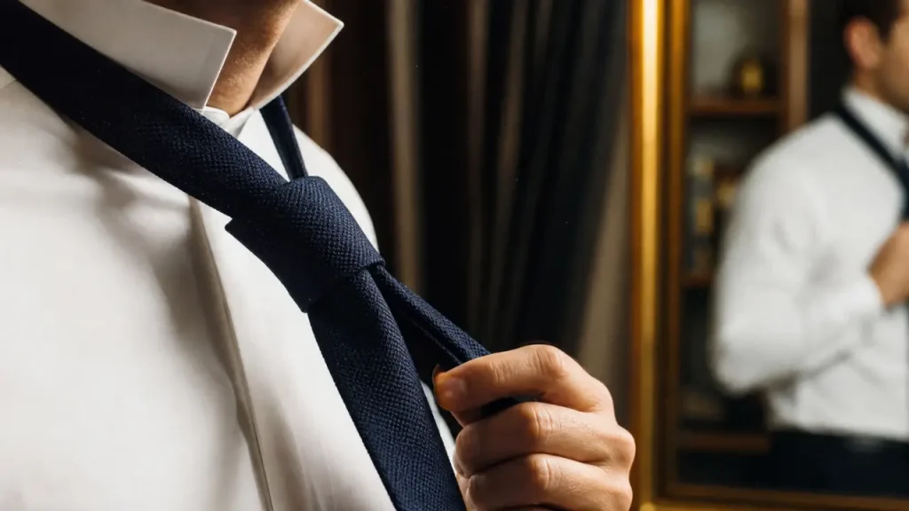 Comment faire le noeud de cravate simple : demi-Windsor ou Windsor, gros plan nœud de cravate devant miroir