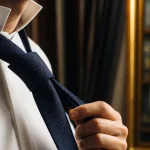 Comment faire le noeud de cravate simple : demi-Windsor ou Windsor, gros plan nœud de cravate devant miroir