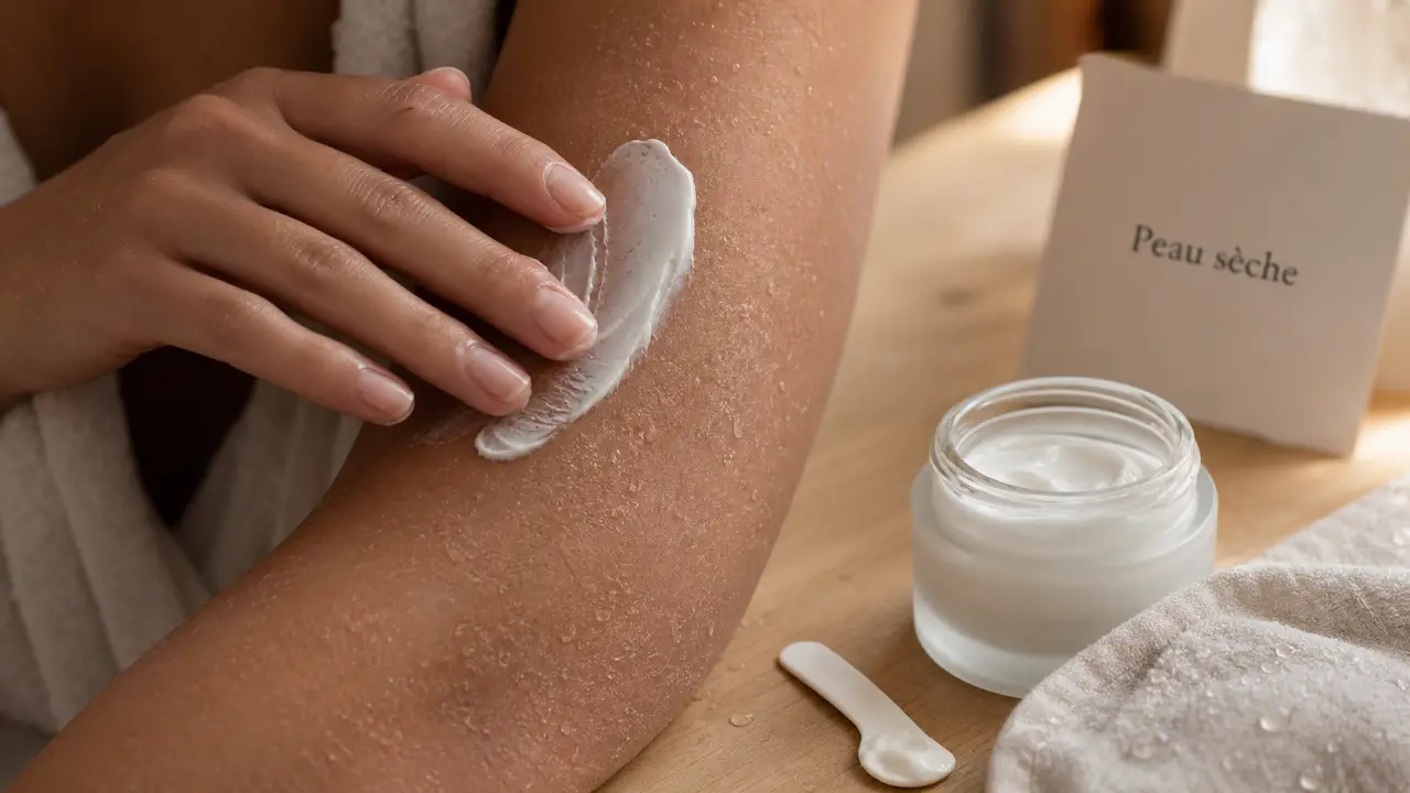 Creme pour peau seche après douche, main applique la crème sur bras