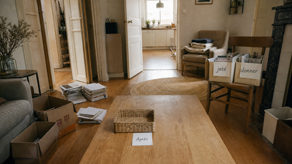 Désencombrer sa maison avant apres : entrée et salon après, table basse dégagée et tri papiers