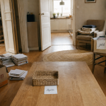 Désencombrer sa maison avant apres : entrée et salon après, table basse dégagée et tri papiers