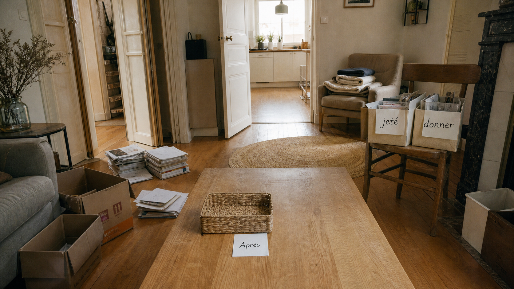 Désencombrer sa maison avant apres : entrée et salon après, table basse dégagée et tri papiers