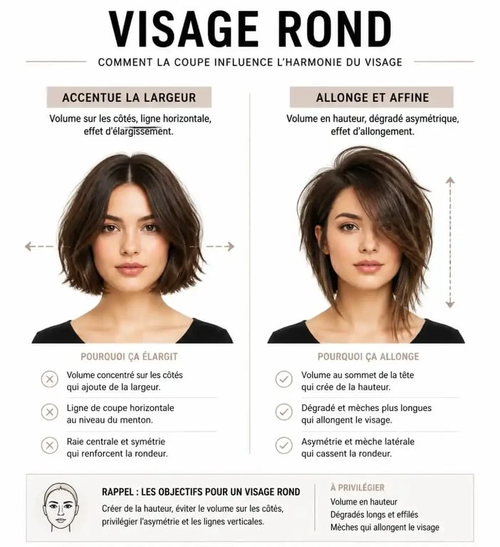 Schéma illustrant les meilleures coupes courtes pour visage rond pour affiner les traits