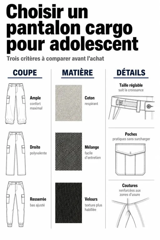 Infographie guide de choix pour pantalon cargo ado : coupes, matières et détails à vérifier.