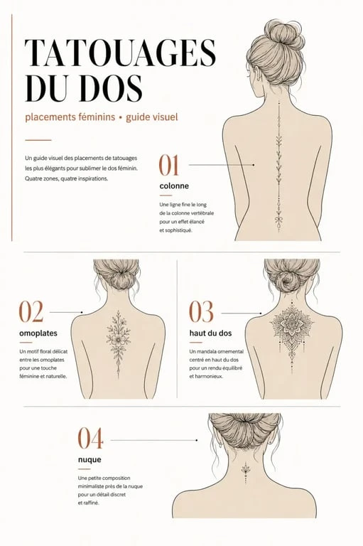 Idées de tatouage dorsale femme avec motifs floraux, colonne vertébrale et ornements sur silhouettes de dos