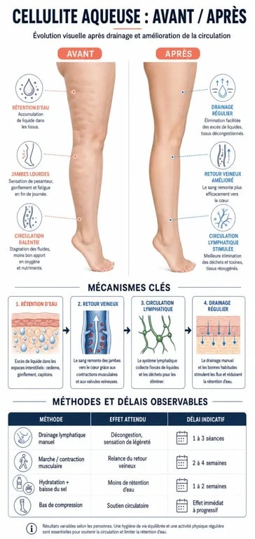 Cellulite aqueuse avant apres : infographie comparative montrant l’évolution visuelle et les effets du drainage