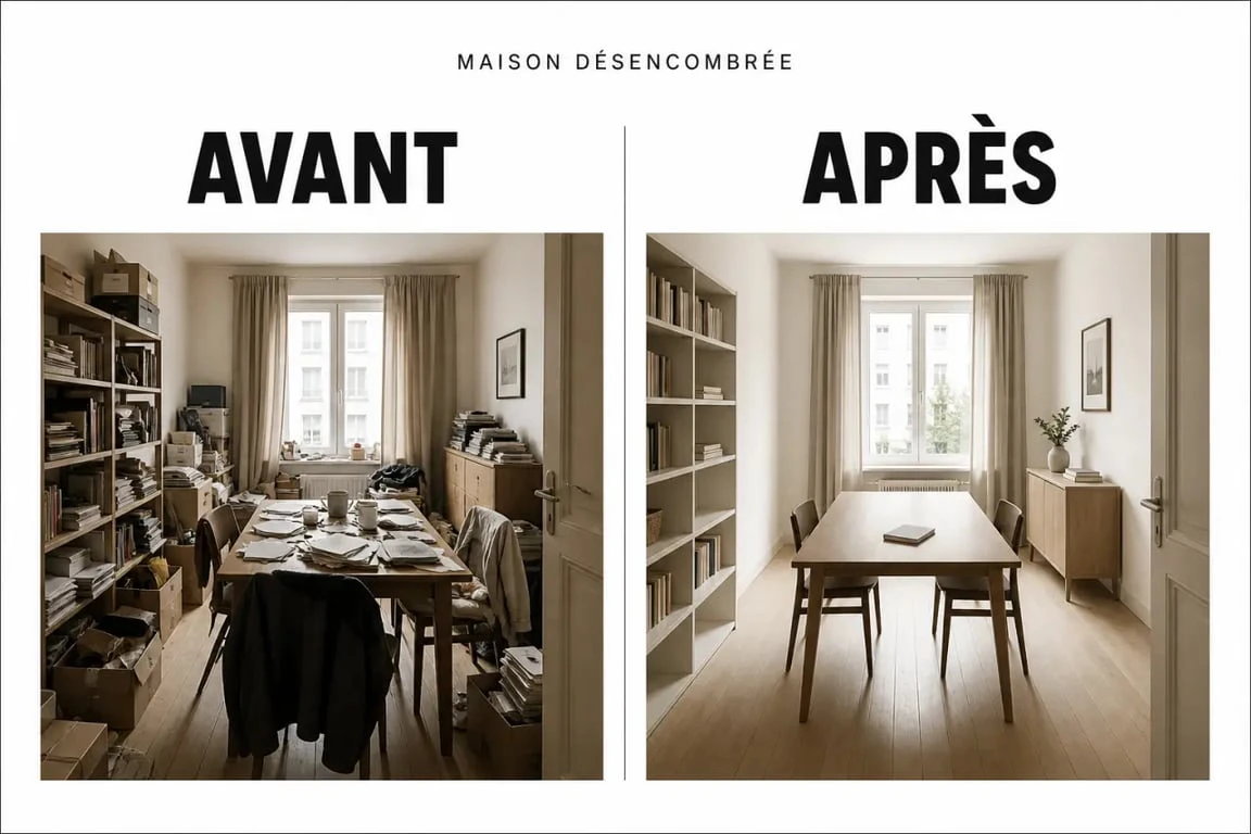 Avant après désencombrer sa maison : transformation d’un intérieur encombré vers un espace dégagé et apaisé