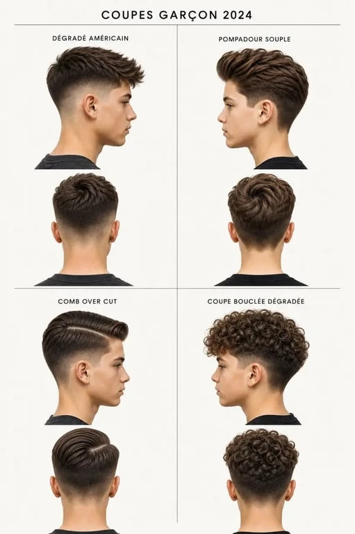 Coupe garçon 2024 : sélection de styles tendance pour garçons, avec dégradé américain, Pompadour, comb over cut et coupe bouclée