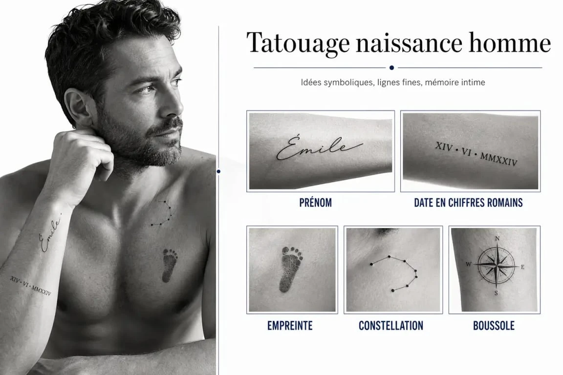 Tatouage naissance homme : idées de motifs discrets pour père, sur l’avant-bras, le poignet et le torse