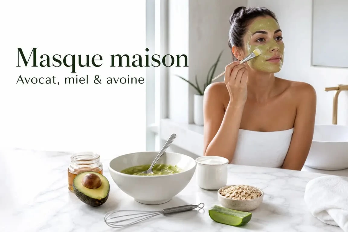 Masque pour le visage maison à l’avocat et au miel appliqué sur peau propre avec des ingrédients naturels autour