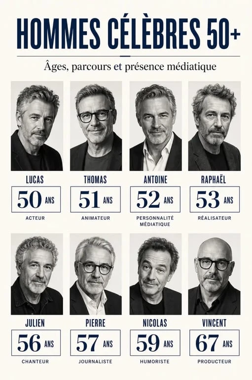 50 ans star connus homme : visuel éditorial de célébrités masculines avec noms, âges et métiers