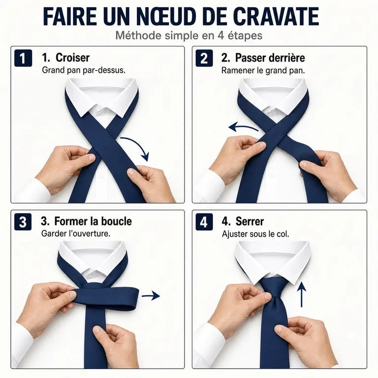 Comment faire le noeud de cravate : illustration séquentielle des étapes pour nouer une cravate proprement