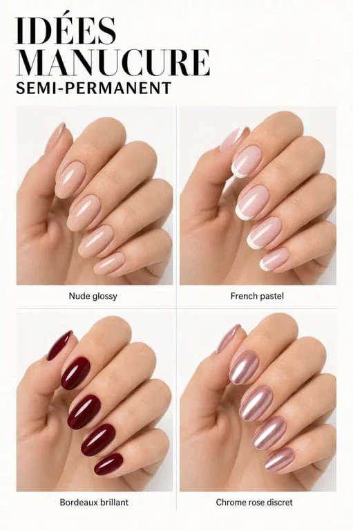 Idées ongle semi permanent avec quatre styles de manucure en vue rapprochée : nude glossy, french pastel, bordeaux et chrome rose