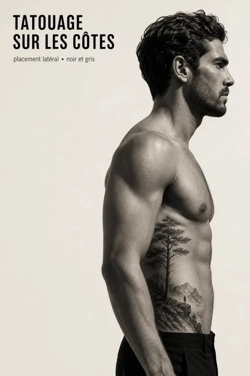Tatouage cote homme sur le flanc d’un homme torse nu en vue de profil