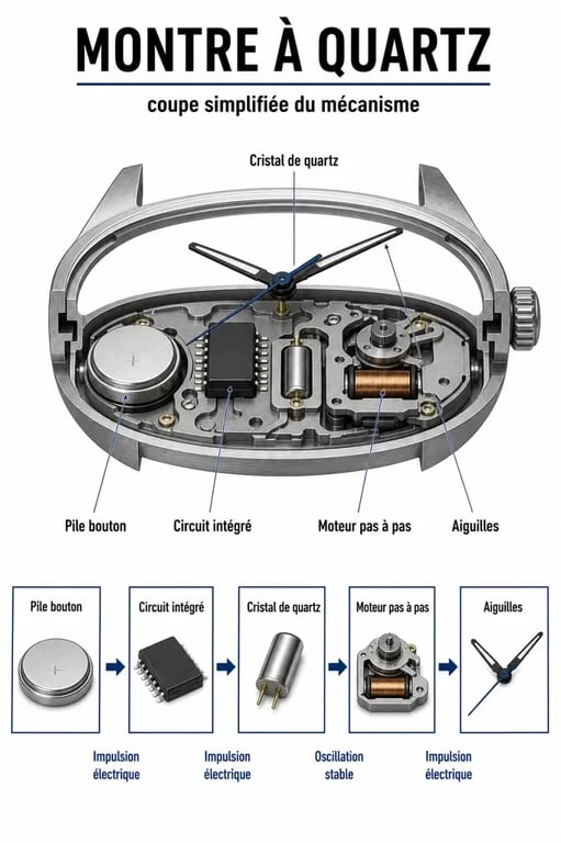 Schéma explicatif d’une quartz montre montrant le cristal de quartz, la pile et le circuit