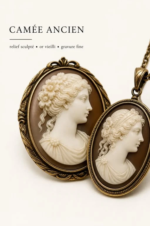 Bijoux en camée : gros plan d’une broche et d’un pendentif montrant le relief sculpté
