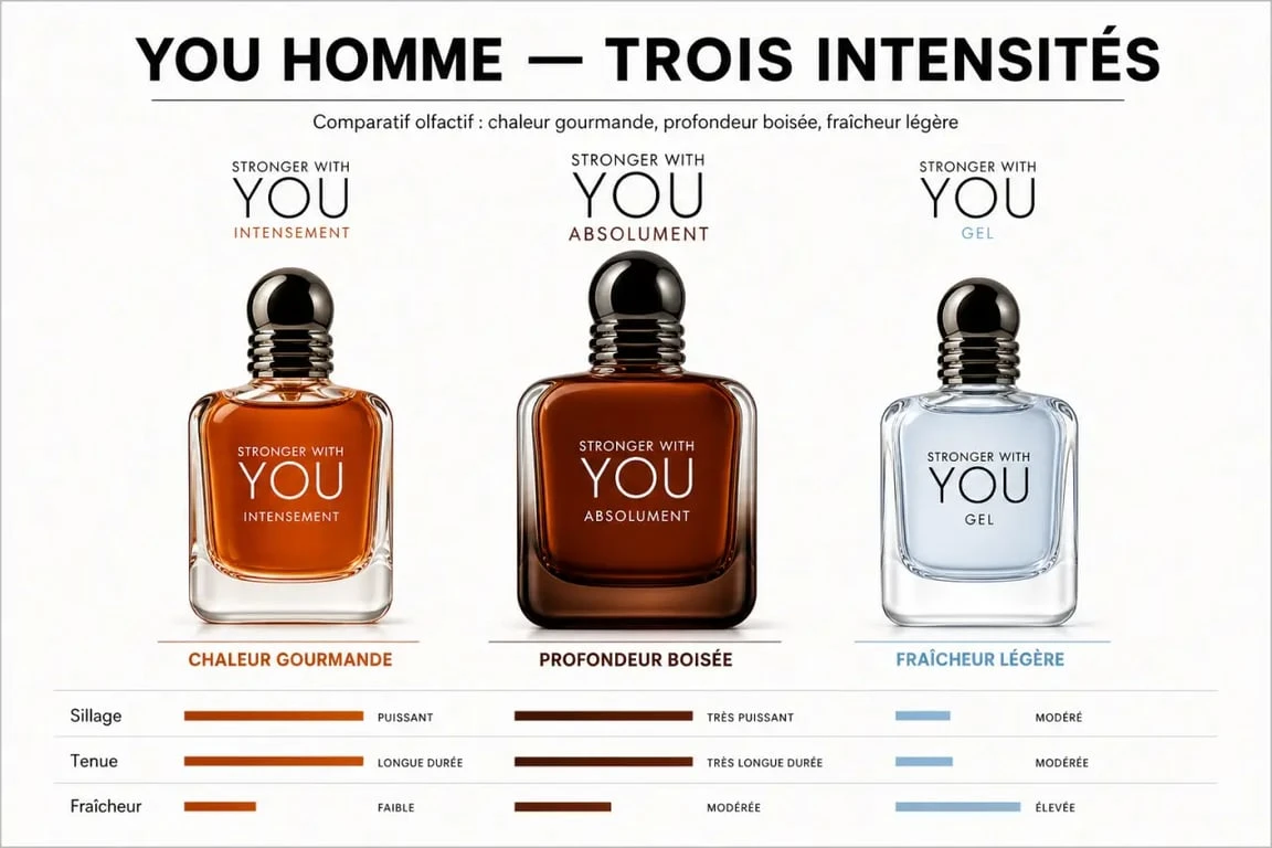 Comparatif du parfum you homme avec les versions Intensely, Absolutely et Freeze