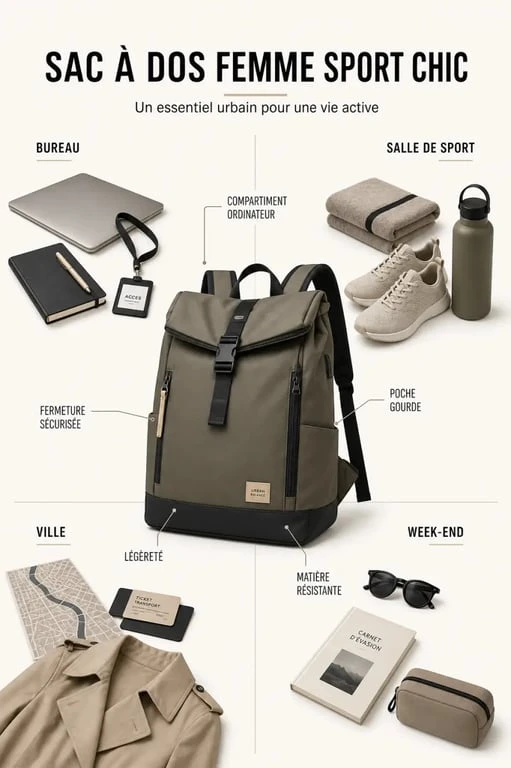 Sac à dos femme sport chic : visuel comparatif des usages bureau, sport, ville et week-end