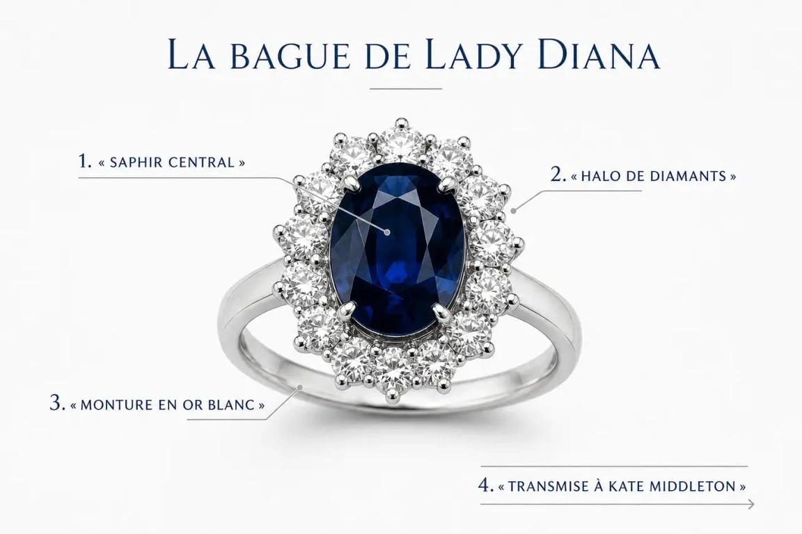 Bague de Lady Diana avec saphir bleu nuit et halo de diamants en rendu éditorial
