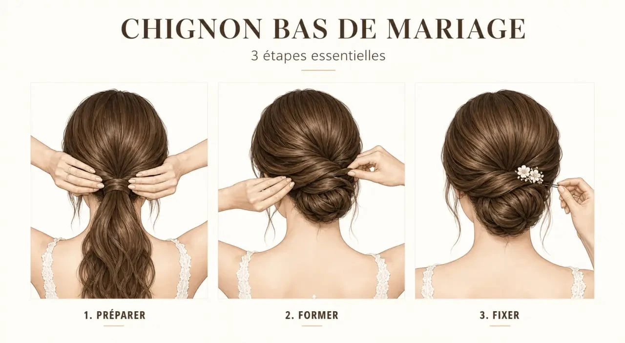 Chignon bas mariage en étapes pour une coiffure de mariée élégante