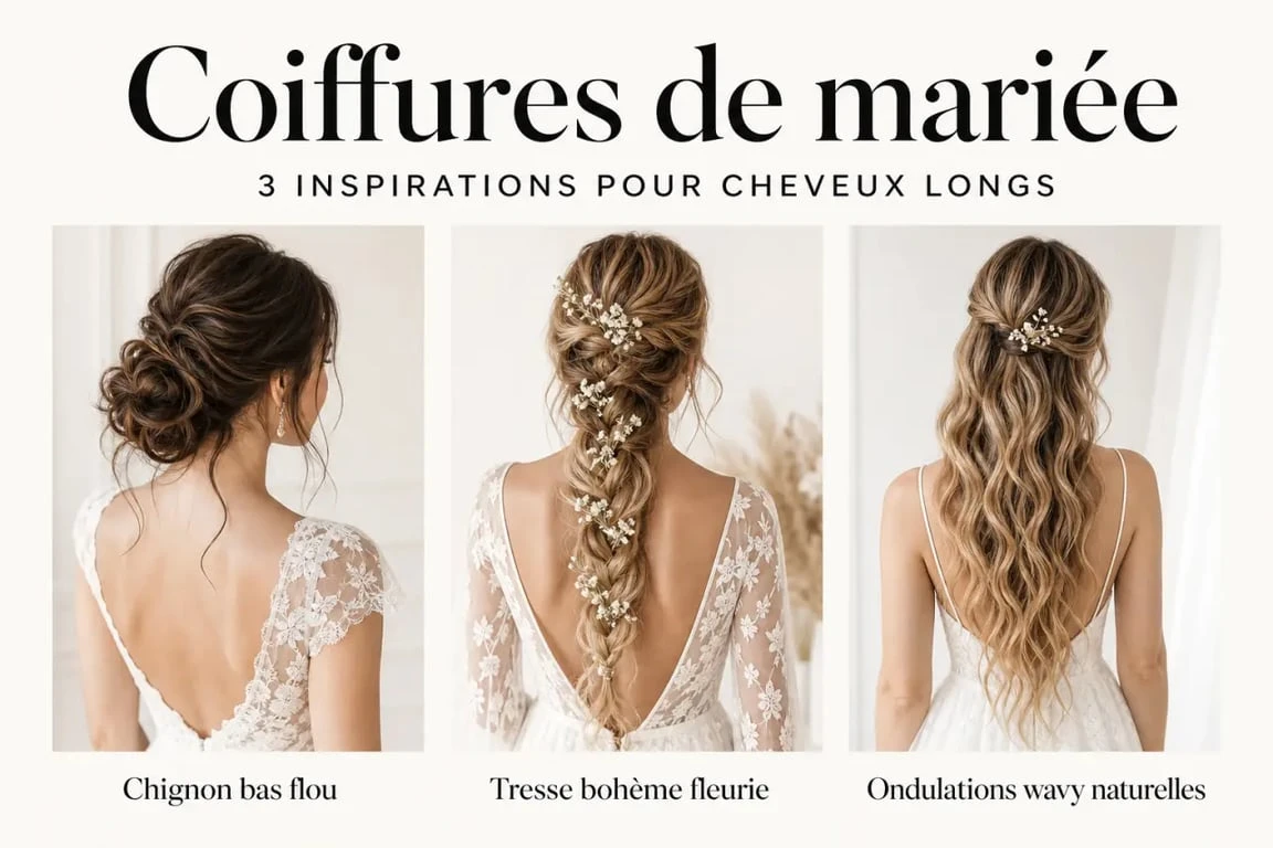Exemples de coiffures de mariée pour cheveux longs : chignon, tresse bohème et wavy naturel