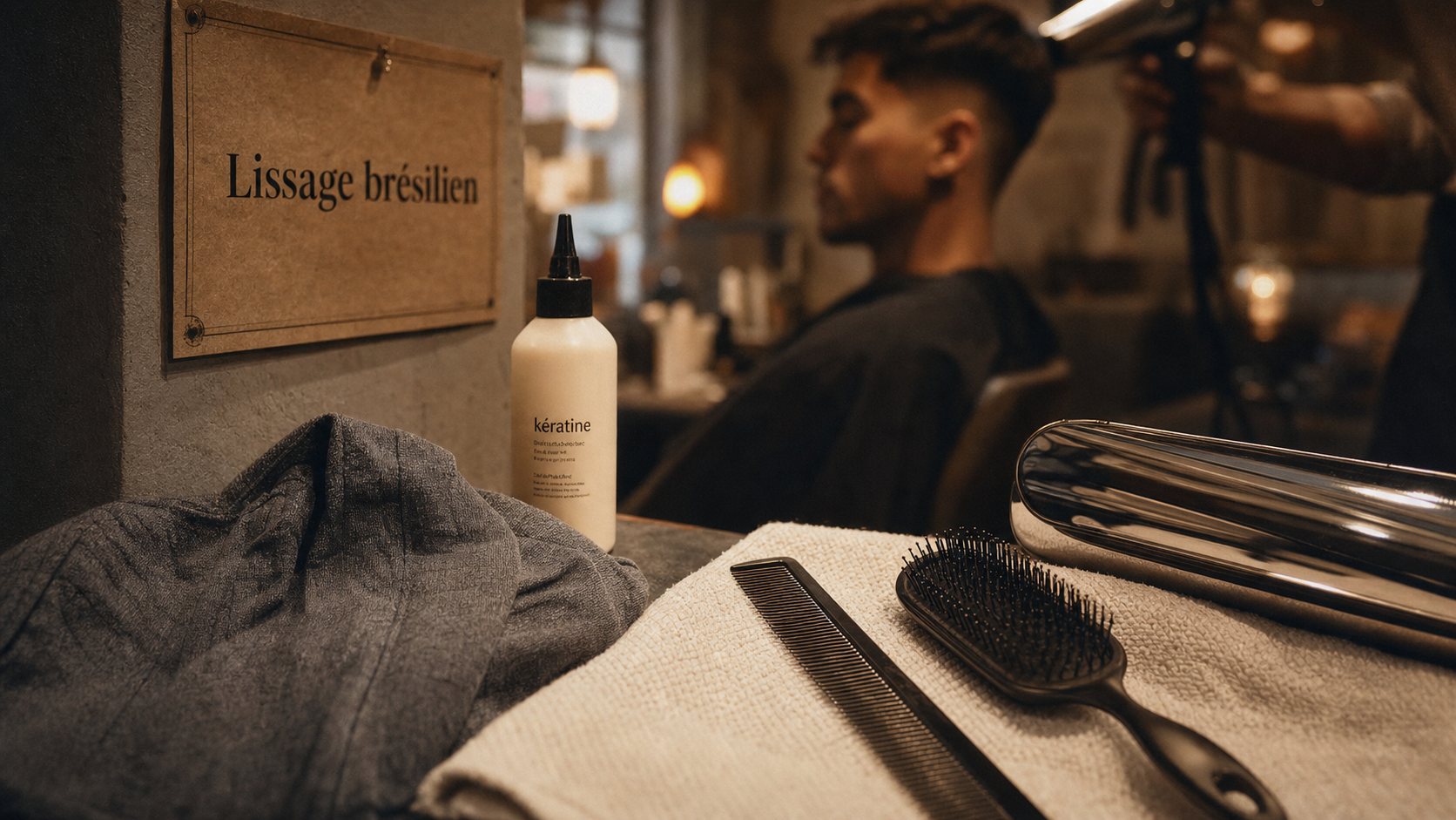 Lissage bresilien homme pour cheveux courts, rendu naturel sans effet casque