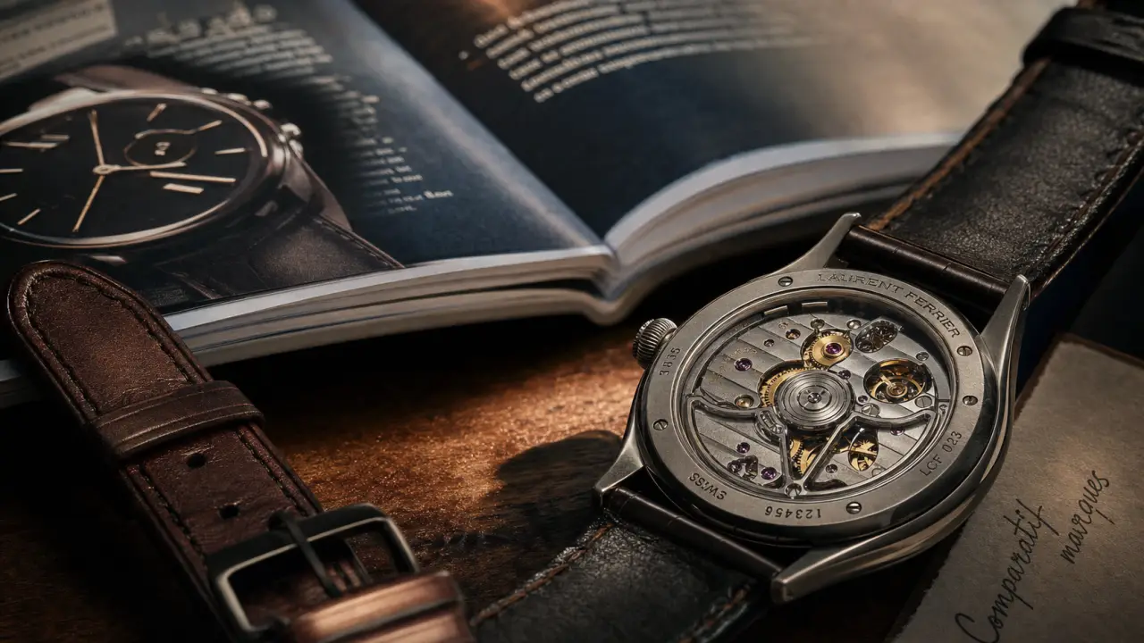 Marque de montre de luxe en gros plan, cadran noir et bracelet cuir, comparatif horloger