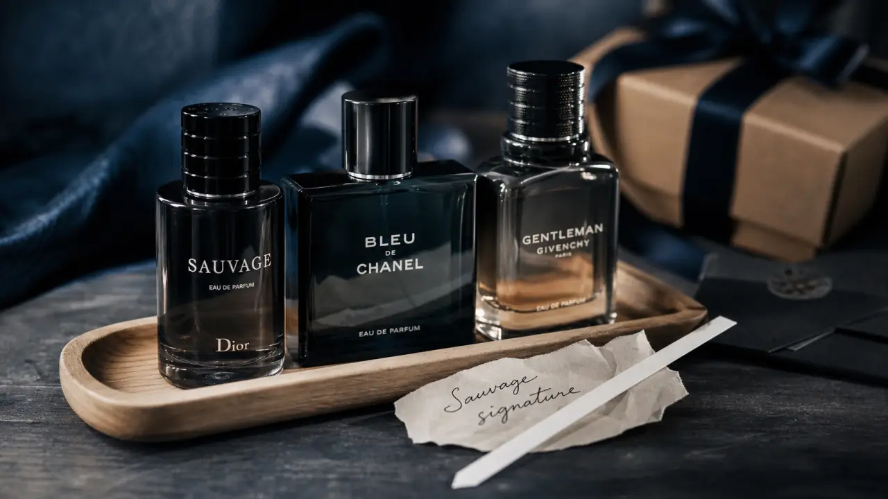 Meilleurs parfum hommes : 3 flacons de parfum sur plateau bois