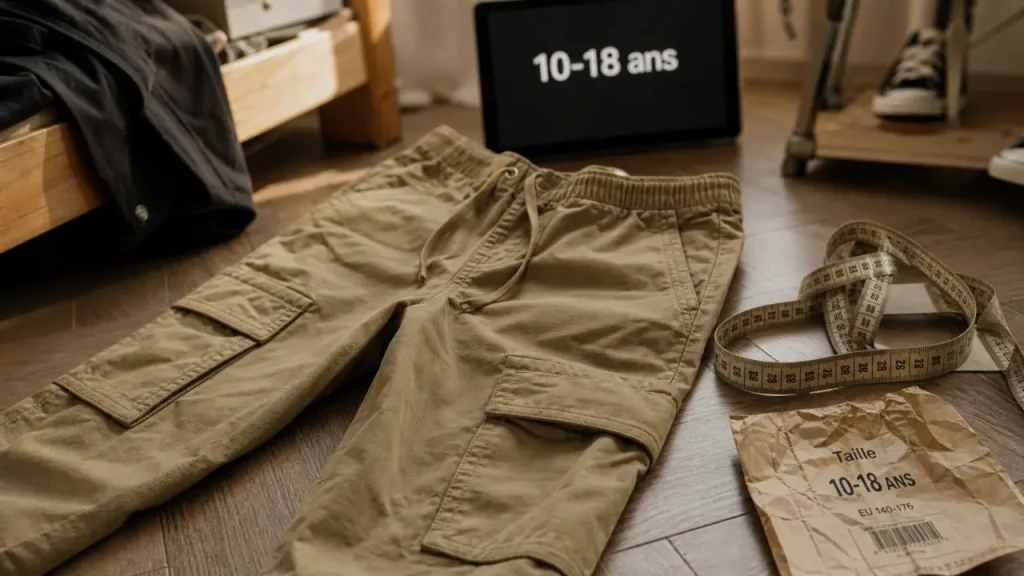 Pantalon cargo ado kaki, taille et coupe visibles
