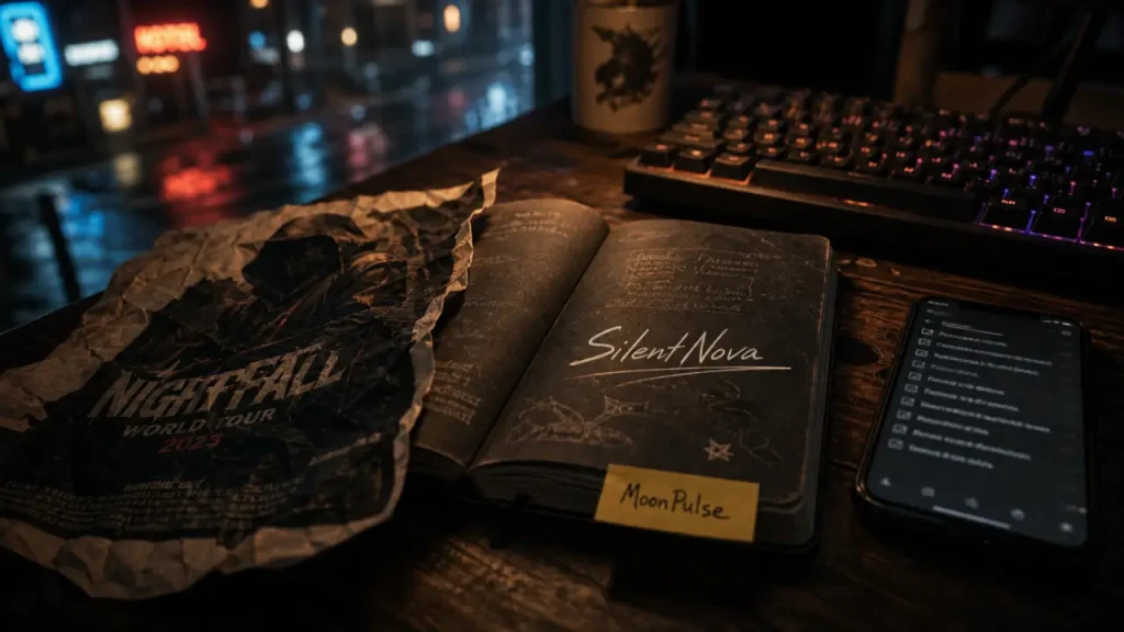 Pseudo anglais stylé MoonPulse sur carnet, écriture blanche