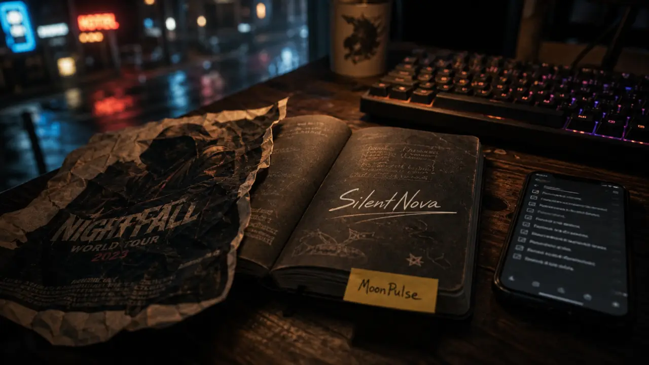 Pseudo anglais stylé MoonPulse sur carnet, écriture blanche