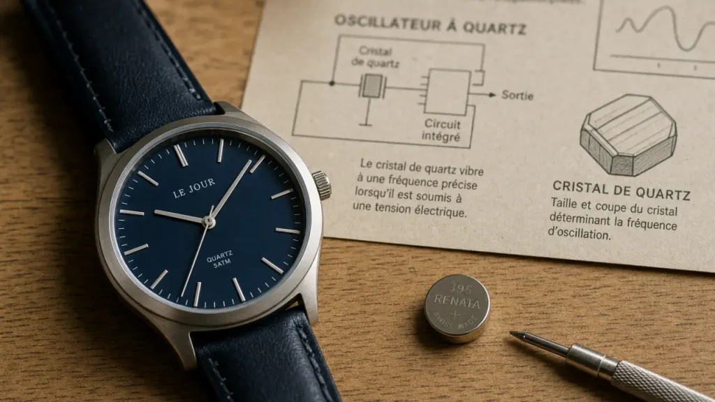 Quartz montre : pile bouton et schéma cristal de quartz 32768 Hz