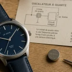 Quartz montre : pile bouton et schéma cristal de quartz 32768 Hz