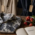 Season : chemise en coton imprimée et fruits de saison, photo éditoriale 35mm