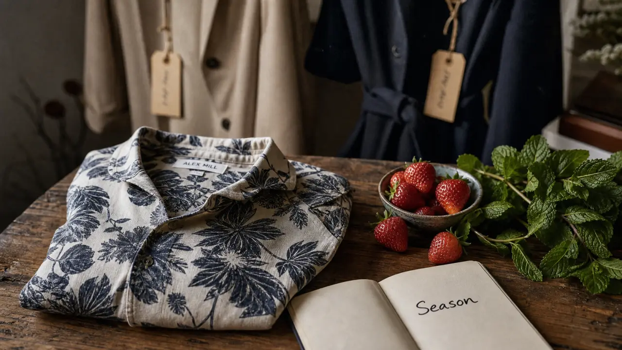 Season : chemise en coton imprimée et fruits de saison, photo éditoriale 35mm