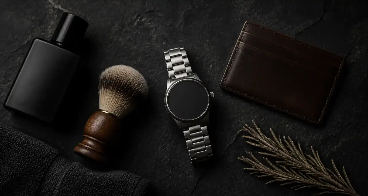 Essentiels de soin pour homme sur ardoise sombre : flacon mat, blaireau, montre acier
