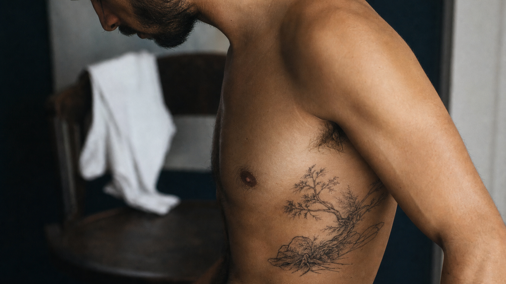 Tatouage cote homme fineline sur les côtes, photo torse