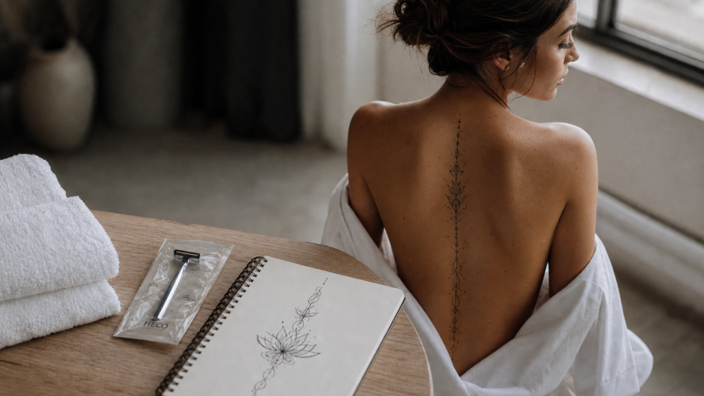 Tatouage dorsale femme fleurs le long de la colonne vertébrale