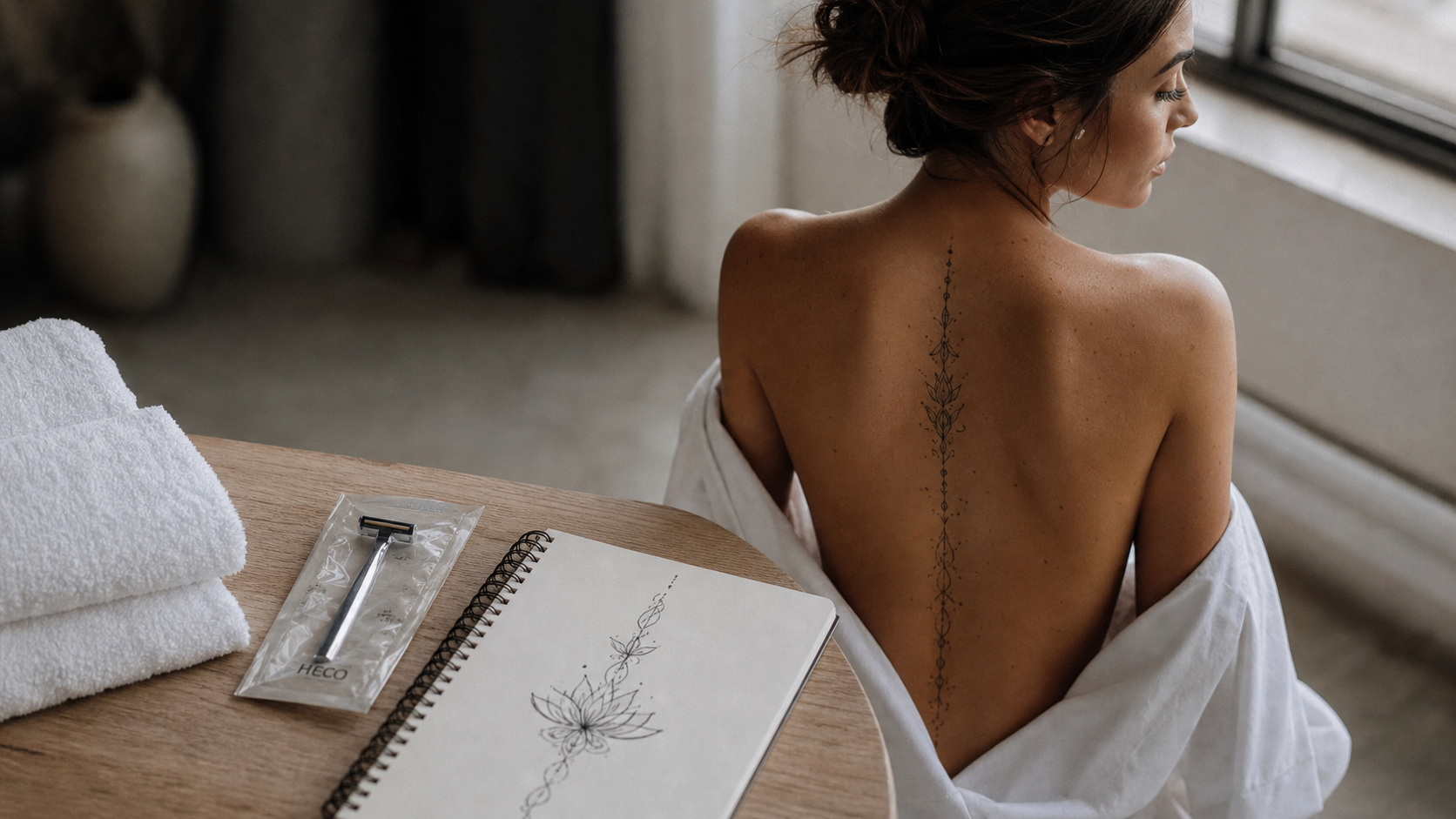 Tatouage dorsale femme fleurs le long de la colonne vertébrale