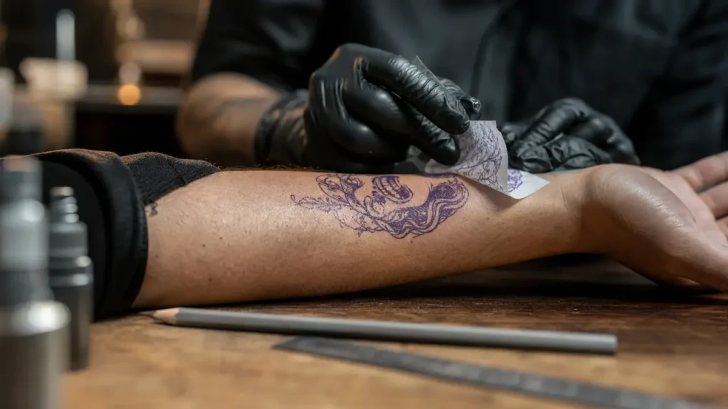 Tatouage naissance homme : prénom et date sur stencil